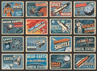 Astronauts, space shuttles and galaxy vintage plates. Space exploration program, mission to Mars and artificial satellites grunge tin signs set with astronauts, space station and spaceships, planets