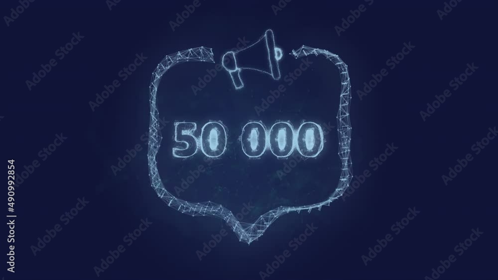Poster megaphone banner with speech bubble and 50000 number. 50k likes, followers. plexus style of green gl