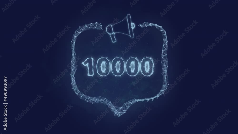 Poster megaphone banner with speech bubble and 10000 number. 10k likes, followers. plexus style of green gl