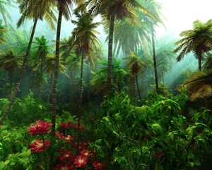 Fototapety  Jungle, beautiful rainforest in the fog, palm trees in the haze, jungle in the morning in the fog, 3D rendering