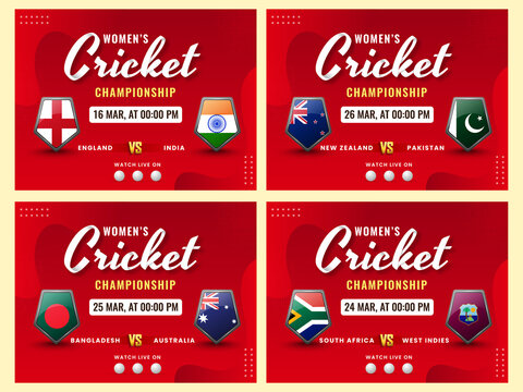 Women's Cricket Championship Poster Design With Participating Countries Flag Shield On Red Background in Four Options.
