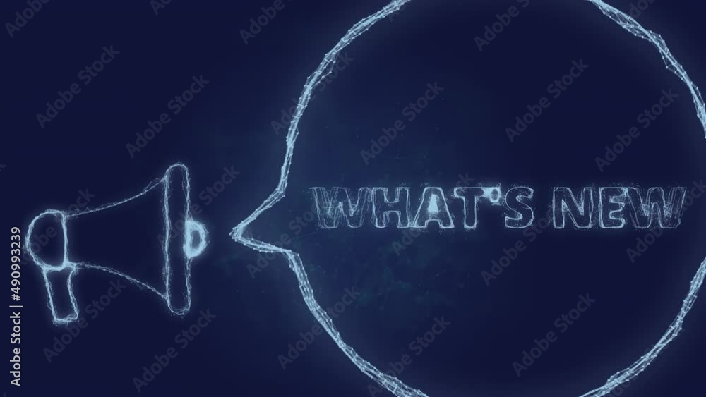 Poster Megaphone banner with speech bubble and text what's new. Plexus style of green glowing dots and lines