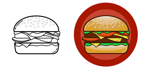 Burger with sesame, meat ham and cheese in two type of illustration, outline and color in red round isolated, icon, symbol, logo