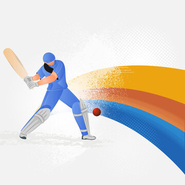 Illustration Of Female Batter Player Hitting Ball In India Cricket Attire And Noise Effect Waves On White Halftone Background.