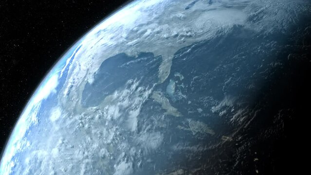 A cinematic rendering of planet Earth during sunrise as view from space with vibrant blue sky atmosphere. World map element of this clip furnished by NASA : https://visibleearth.nasa.gov/collection/14