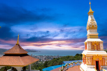 Buddah temple with beautiful views from top of mountain of Patong Phuket Thailand. Buddha religious...