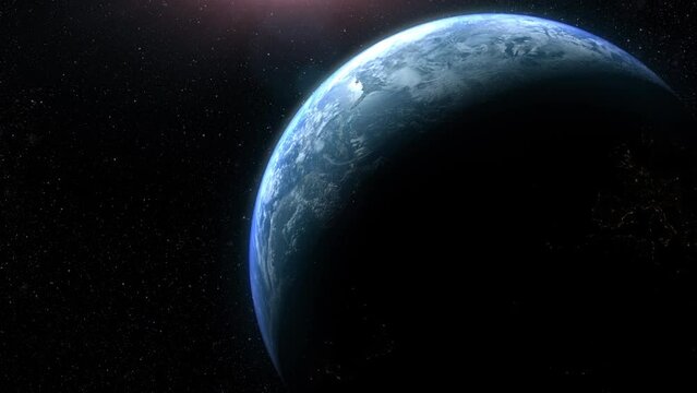 A cinematic rendering of planet Earth during sunrise as view from space with vibrant blue sky atmosphere. World map element of this clip furnished by NASA : https://visibleearth.nasa.gov/collection/14
