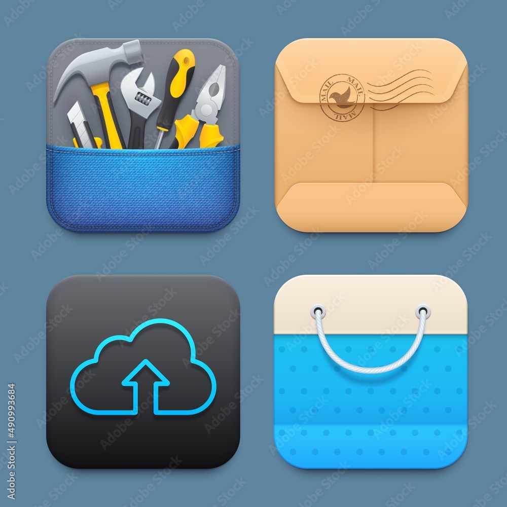 Fototapete online tools, cloud storage, shopping and mail icons. technical support and settings, cloud service 