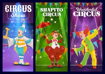 Shapito circus clowns, jesters and harlequin at funfair carnival show, vector banner. Circus carnival and funfair performance of funny cartoon clowns in magic show with balloons and umbrella on stage