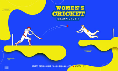 Sticker Style Women's Cricket Championship Text With Battle Player, Fielder Or Bowler In Action Pose On Yellow And Blue Background.