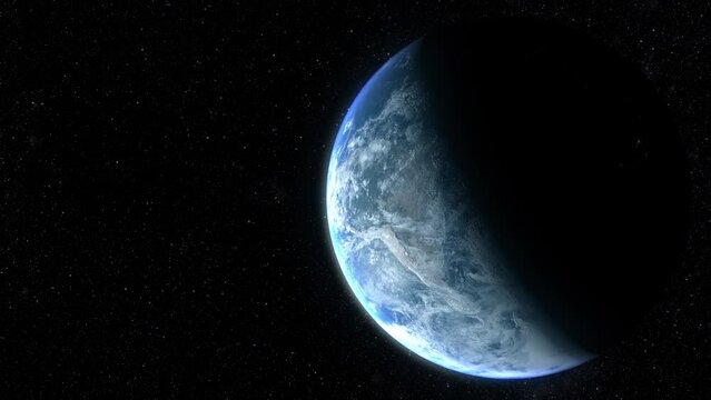 A cinematic rendering of planet Earth during sunrise as view from space with vibrant blue sky atmosphere. World map element of this clip furnished by NASA : https://visibleearth.nasa.gov/collection/14