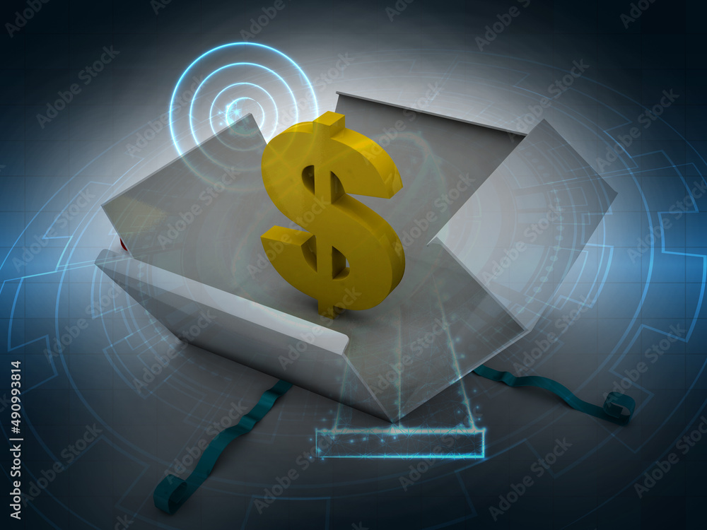 Poster 3d rendering dollar sign with inside box