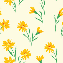 Fototapeta na wymiar Seamless pattern with yellow dandelion flowers, flowers isolated on a light background. Simple floral print, botanical surface with hand drawn flowers. Vector illustration.