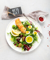 Ketogenic diet meals assortment on light background.