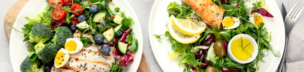 Ketogenic diet meals assortment on light background.