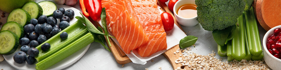 Anti Aging foods on light background.