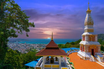 Buddah temple with beautiful views from top of mountain of Patong Phuket Thailand. Buddha religious...