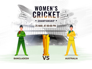 Women's Cricket Match Between Bangladesh VS Australia With Faceless Players And Golden Trophy Cup On Abstract Grunge Stadium View.