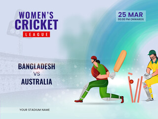 Women's Cricket Match Between Bangladesh VS Australia And Cricketer Players In Action Pose.