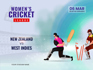 Women's Cricket Match Between New Zealand VS West Indies And Cricketer Players In Action Pose.