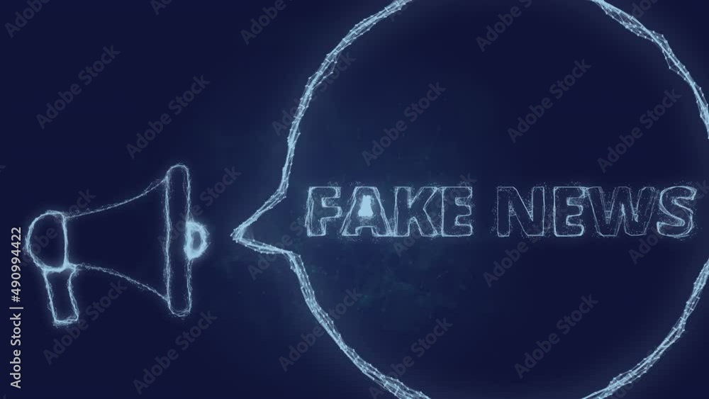 Poster Megaphone banner with speech bubble and text fake news. Plexus style of green glowing dots and lines