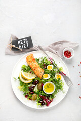 Ketogenic diet meals assortment on light background.