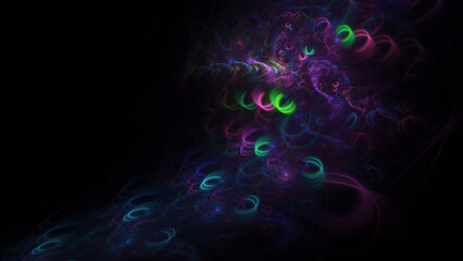 Abstract colorful purple and green fiery shapes. Fantasy light background. Digital fractal art. 3d rendering.