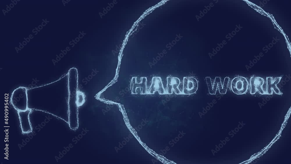 Poster Megaphone banner with speech bubble and text hard work. Plexus style of green glowing dots and lines