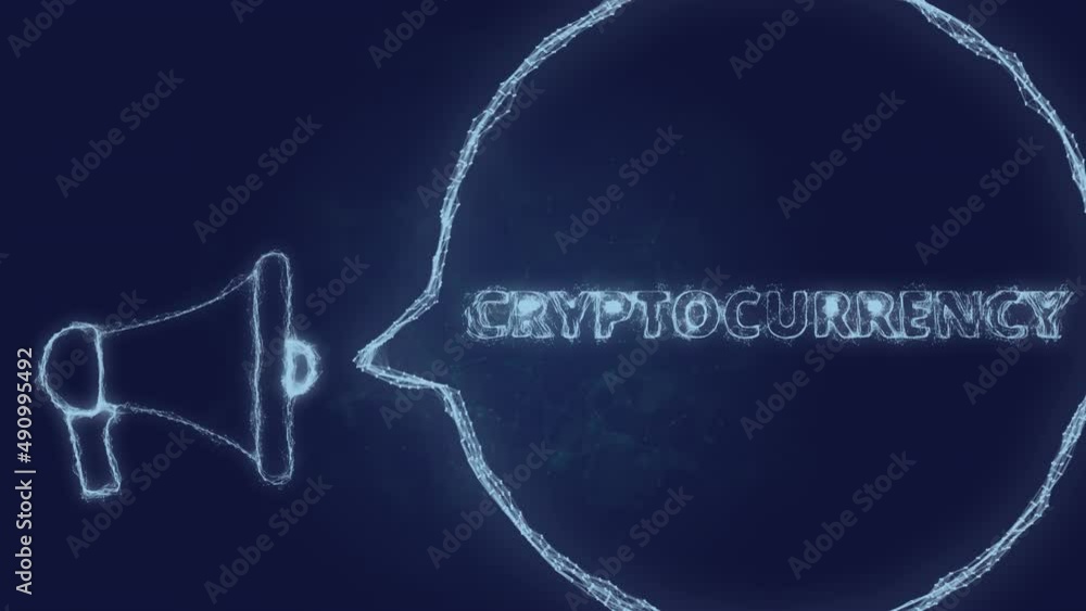 Poster Megaphone banner with speech bubble and text cryptocurrency. Plexus style of green glowing dots and lines