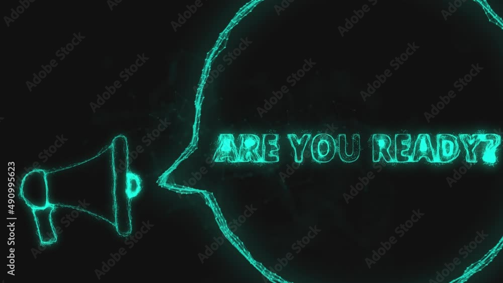Poster Megaphone banner with speech bubble and text are you ready. Plexus style of green glowing dots and lines