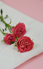 Pink spray roses stems lying on a white cloth on pink table top