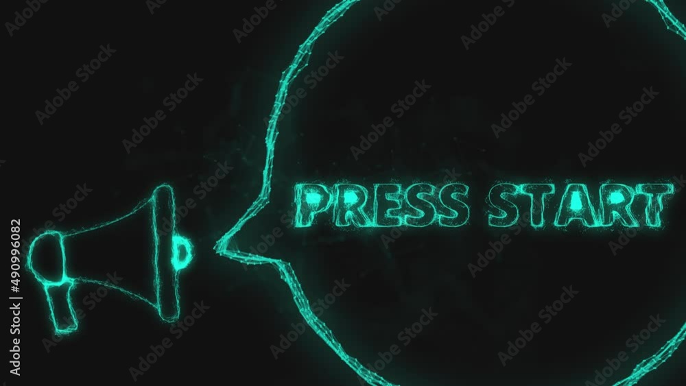 Poster Megaphone banner with speech bubble and text press start. Plexus style of green glowing dots and lines