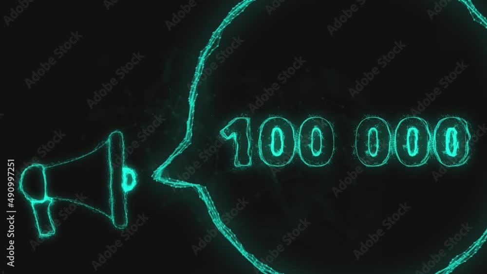 Poster megaphone banner with speech bubble and 100000 number. 100k likes, followers. plexus style of green 