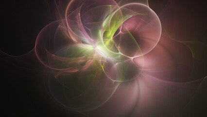 Abstract colorful rose and green shiny shapes. Fantasy light background. Digital fractal art. 3d rendering.