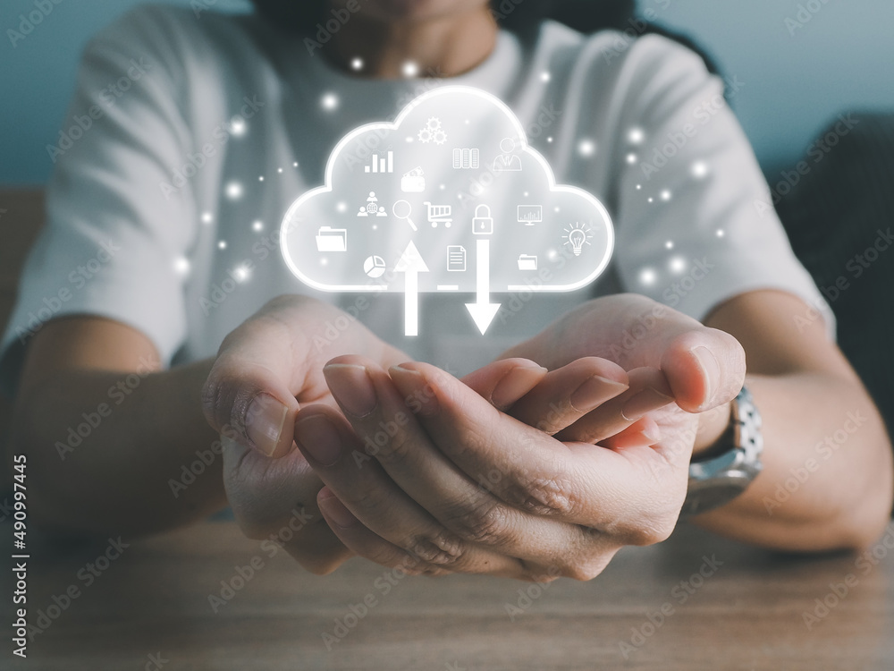 Poster hand showing sign cloud storage icon within cloud healing access internet network connection