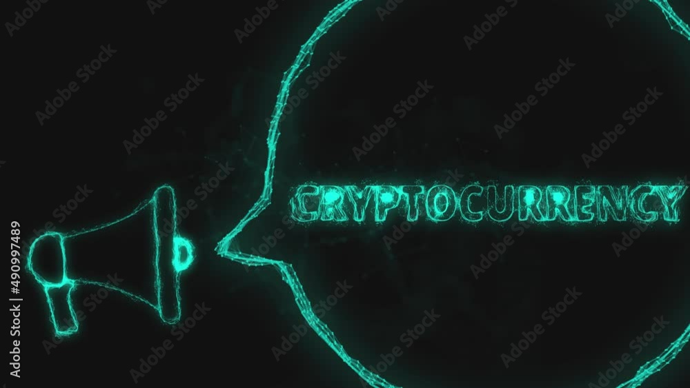 Poster Megaphone banner with speech bubble and text cryptocurrency. Plexus style of green glowing dots and lines