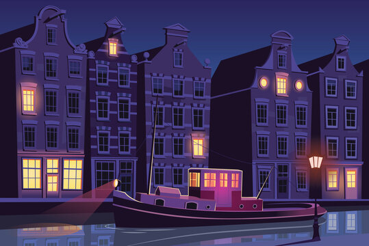 Tugboat in Amsterdam canalon night vintage cityscape vector illustration