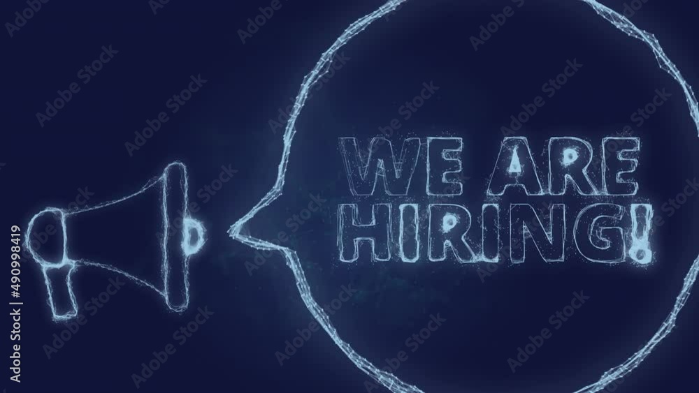 Poster Megaphone banner with speech bubble and text we are hiring. Plexus style of green glowing dots and lines