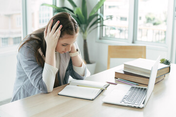 Boring girl student online learning class with laptop computer	