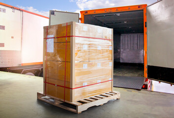 Packaging Boxes Wrapped Plastic on Pallets Loading into Shipping Cargo Container. Delivery Trucks Parked Loading at Dock Warehouse. Supply Chain Customers Shipment Logistics. Freight Truck Transport.