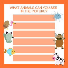 What animals can you see in the picture worksheet. Cute printable template. Preschool Education. Vector illustration.