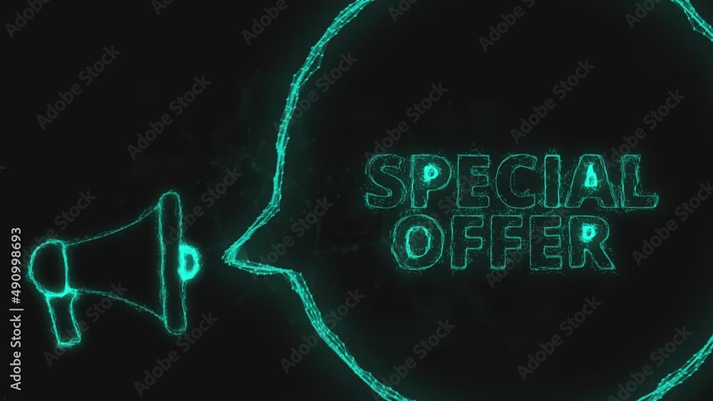 Poster Megaphone banner with speech bubble and text special offer. Plexus style of green glowing dots and lines