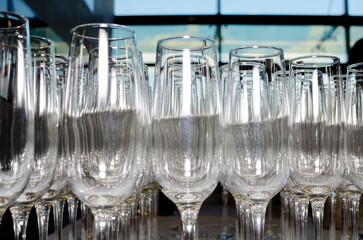 set of empty champagne glasses for a buffet table