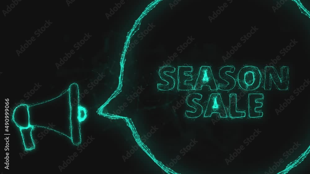 Poster Megaphone banner with speech bubble and text season sale. Plexus style of green glowing dots and lines