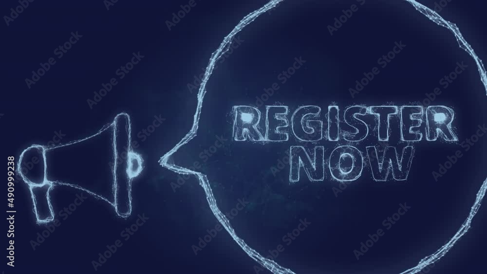 Poster Megaphone banner with speech bubble and text register now. Plexus style of green glowing dots and lines