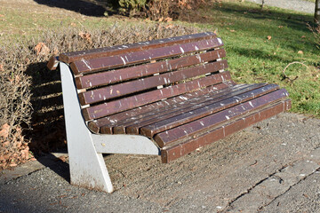 Dirty park bench covered in bird droppings