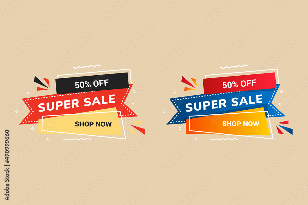 Poster super sale flag banner element with text shop now. modern colorful web template on flat backdrop. de