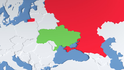 Map of Russia and Ukraine on the world map. The borders of Russia and Ukraine. Representation of the limits of the possibility of war, 3d render.