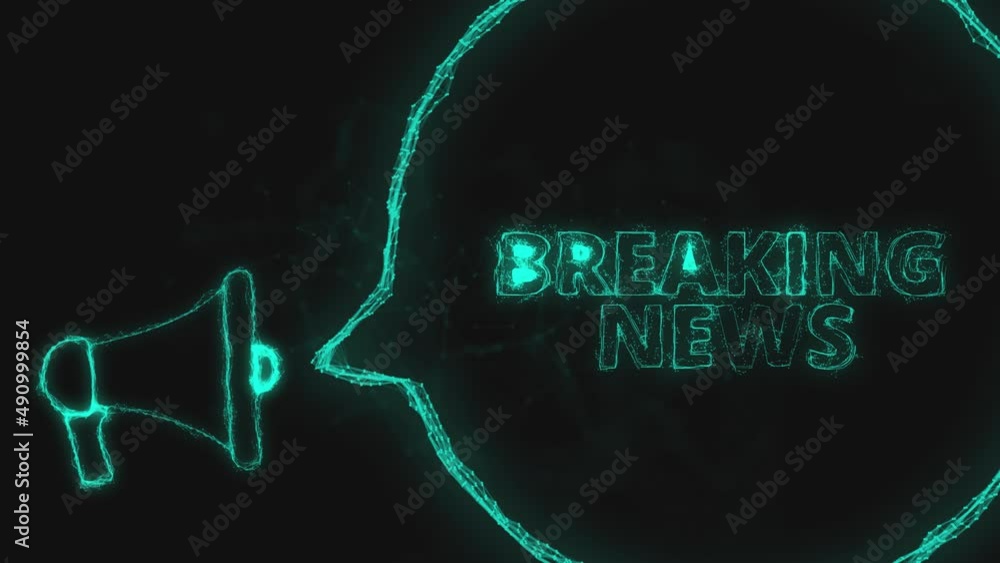 Poster Megaphone banner with speech bubble and text breaking news. Plexus style of green glowing dots and lines
