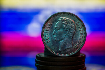 Venezuela 25 Cents Coin 1965 Obverse Flag Background Macro Close Up
